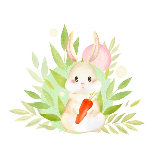 Photo composition de lapin aquarelle avec des plants de carottes