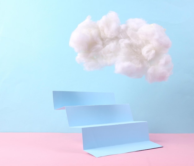 Composition minimaliste d'escaliers et de nuages moelleux sur un fond pastel rose bleu Fond de minimalisme Concept art