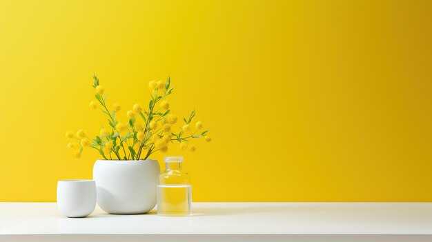 Photo une composition minimaliste avec des fleurs jaunes vibrantes dans un vase blanc accompagnée de produits de bien-être sur un fond jaune vif évoquant un sentiment de fraîcheur et de vitalité printanière