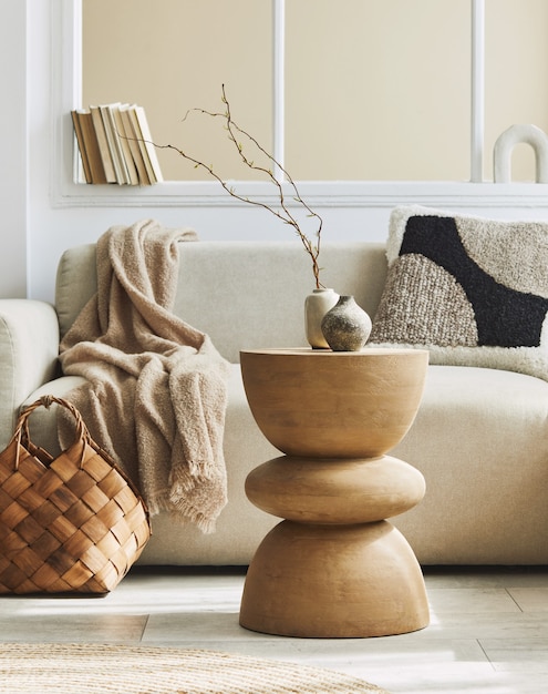 Composition minimaliste de l'intérieur du salon avec canapé neutre, table d'appoint en bois design, fleur séchée dans un vase, oreiller, fenêtre, décoration et accessoires personnels élégants dans la décoration intérieure. Modèle