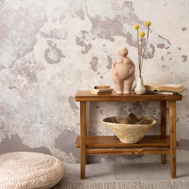 Composition minimaliste de l'intérieur du salon ethnique avec copie espace bol beige banc en bois vase avec fleurs séchées et élégants accessoires personnels Modèle de décoration