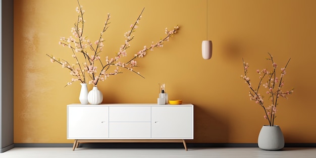 Photo composition minimaliste de l'intérieur du salon de printemps avec un espace de copie, un étagère en rattan et une branche en fleurs.