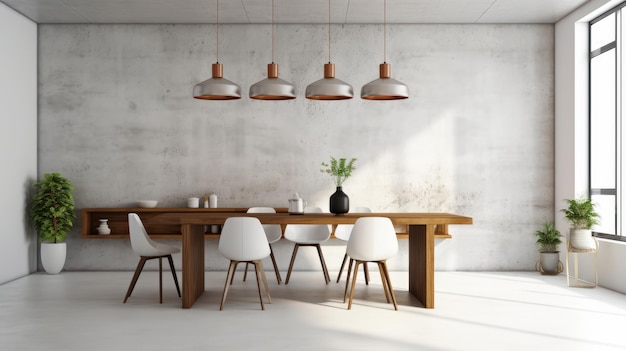 Composition minimaliste de l'intérieur de la salle à manger de style loft avec des murs en béton gris et une table en bois au sol