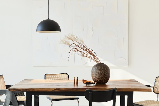 Composition minimaliste de l'intérieur de la salle à manger avec table en bois, chaises design, fleurs séchées dans un vase, suspension noire, peintures d'art au mur et accessoires personnels élégants.