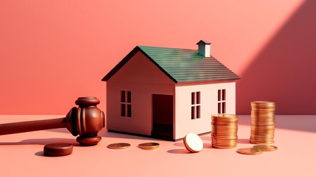Photo composition minimaliste avec un marteau moderne élégant à côté d'un modèle de maison géométrique et des pièces soigneusement disposées dans une lumière douce.