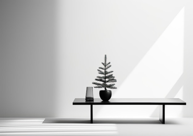 Photo une composition minimaliste avec un mini-arbre de noël placé sur une table moderne élégante entourée