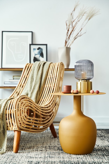 Composition moderne dans un intérieur élégant de salon avec des cadres de table basse de fauteuil design, une lampe de table à fleurs séchées et des accessoires élégants dans la décoration intérieure