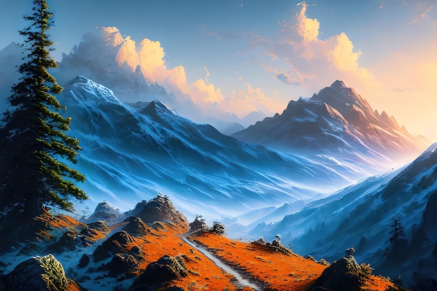 Composition de montagnes réalistes avec paysage horizontal et falaises couvertes de neige avec ciel bleu