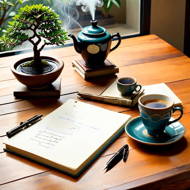 une composition de nature morte sereine mettant en vedette un cahier vintage avec des pages délicates une fontaine classique