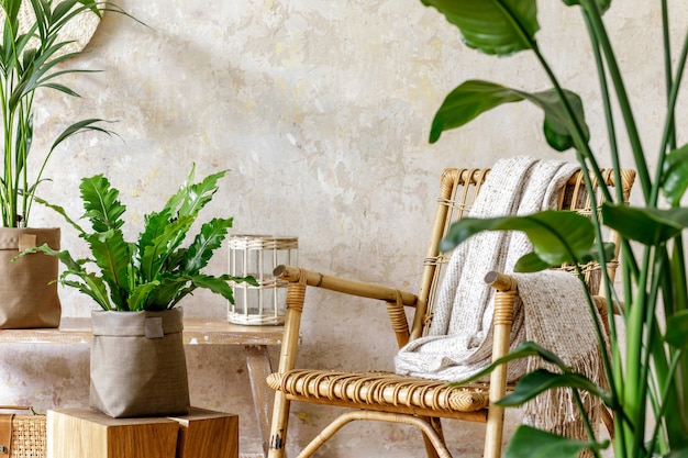 Composition neutre de l'intérieur du salon avec fauteuil en rotin, beaucoup de plantes tropicales dans des pots design et décoration