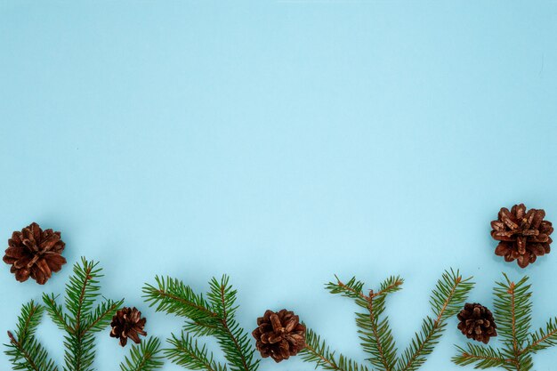Composition de noël Des branches d'épinette verte et des cônes de sapin ouverts et secs. Noël, nouvel an, concept d'hiver. Pose à plat, vue de dessus, surface.