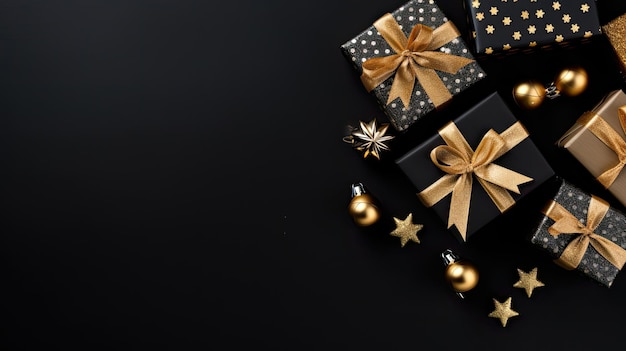 Composition de Noël Des cadeaux d'étoiles dorées sur fond noir Concept de Noël d'hiver et de nouvelle année