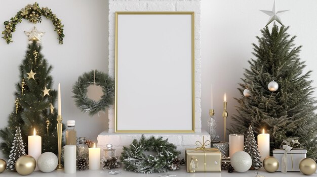 Composition de Noël avec cadre d'affiche en or, cheminée blanche et décoration générative Ai