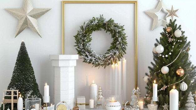 Composition de Noël avec cadre d'affiche en or, cheminée blanche et décoration générative Ai