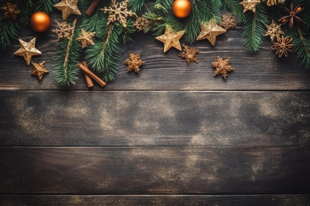 Composition de Noël avec coffrets cadeaux boules de cartes branches de sapin pommes de pin avec espace de copie Noël