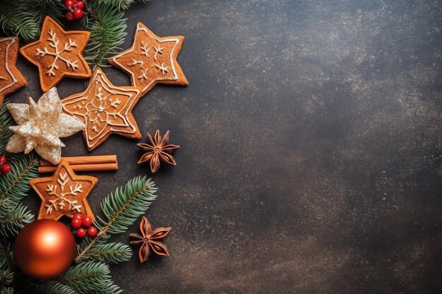 Composition de Noël avec coffrets cadeaux boules de cartes branches de sapin pommes de pin avec espace de copie Noël