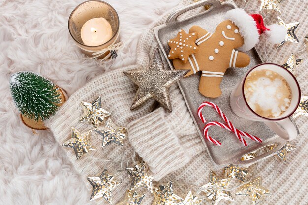 Composition de Noël confortable avec une tasse et des biscuits. Chocolat chaud à la guimauve.