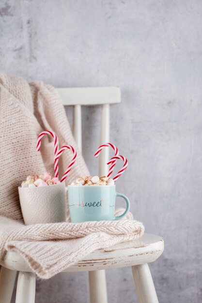 Composition de Noël confortable avec une tasse et des biscuits. Chocolat chaud à la guimauve.