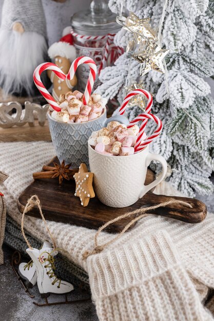 Composition de Noël confortable avec une tasse et des biscuits. Chocolat chaud à la guimauve.