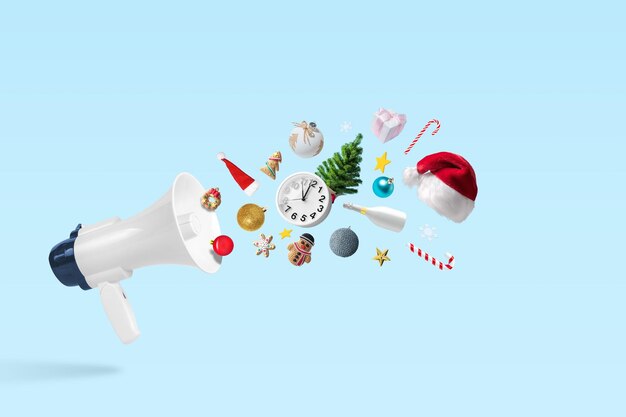 Composition de Noël créative faite de mégaphone avec décoration d'hiver de Noël Concept minimal de Noël ou du Nouvel An