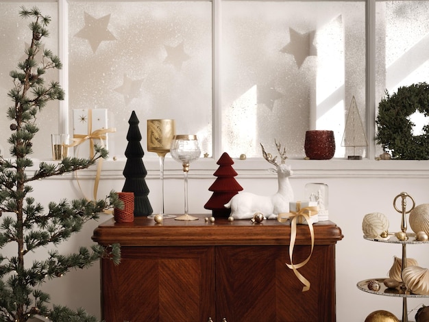 Photo composition de noël sur l'étagère vintage à l'intérieur du salon avec une belle décoration grande fenêtre bougies d'arbre de noël étoiles cadeaux accessoires légers et élégants modèle