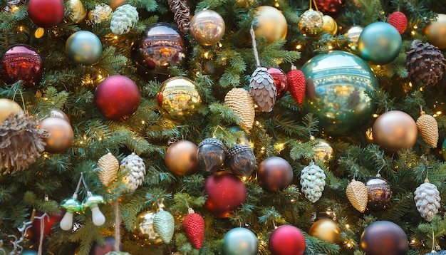 Composition de Noël, fond de décorations d'arbres de Noël, boules et pommes de pin
