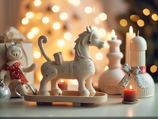 Photo composition de noël d'hiver jouet cheval à bascule