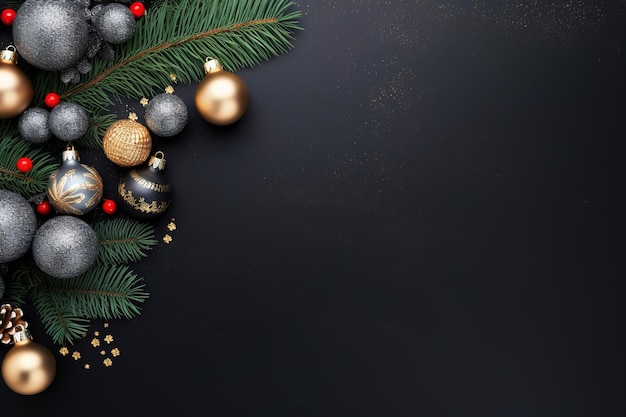 Composition de Noël de jouets de Noël boules branches sur fond noir