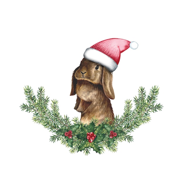 Composition de Noël avec un lapin. Illustration aquarelle.