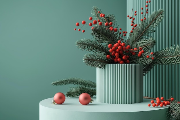 Composition de Noël moderniste avec des baies rouges et des branches de pin dans un vase à nervures sur un fond bleu turquoise