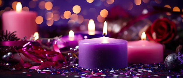 Composition de Noël pourpre avec bougies décoration lumières bokeh Joyeux Noël et Nouvel An