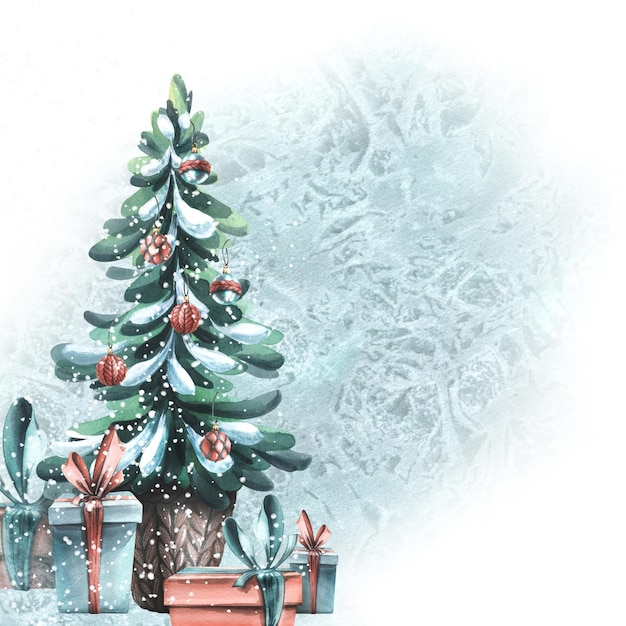 Composition de Noël avec un sapin de Noël décoré de ballons avec des cadeaux et une tache de glace Illustration à l'aquarelle d'un grand ensemble de COSY WINTER Pour la décoration et la décoration