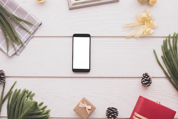 Photo composition de noël sur table en bois blanc, joyeux noël et bonne année