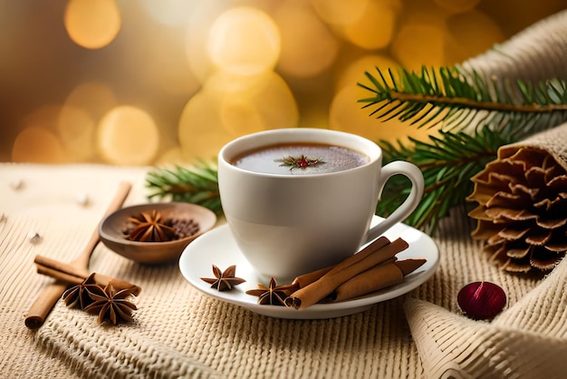 composition de Noël avec une tasse d'épices de thé sur un élément tricoté