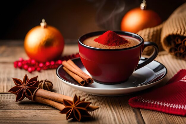 Photo composition de noël avec une tasse d'épices de thé sur un élément tricoté