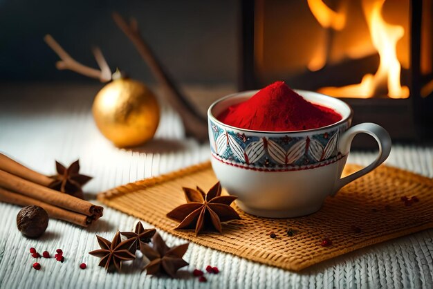 Photo composition de noël avec une tasse d'épices de thé sur un élément tricoté