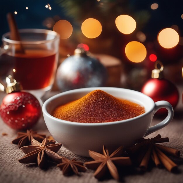 Photo composition de noël avec une tasse d'épices de thé sur un fond de boisson de noël élément tricoté