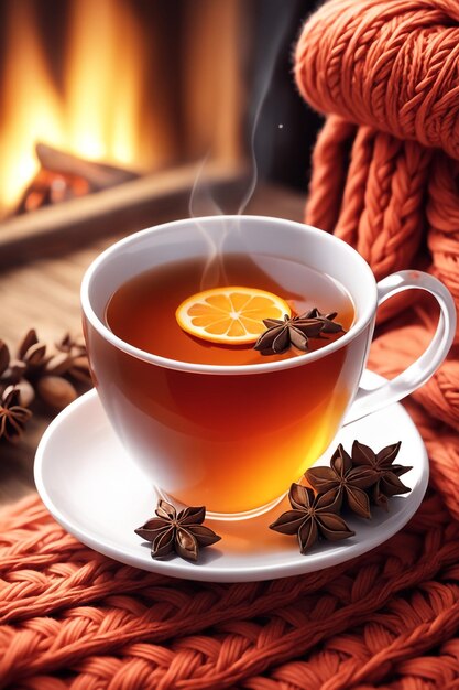 composition de noël avec une tasse d'épices de thé sur un fond de boisson de noël élément tricoté