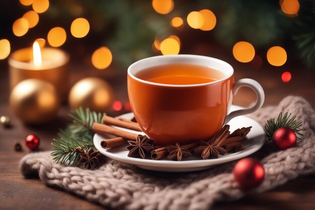 composition de noël avec une tasse d'épices de thé sur un fond de boisson de noël élément tricoté