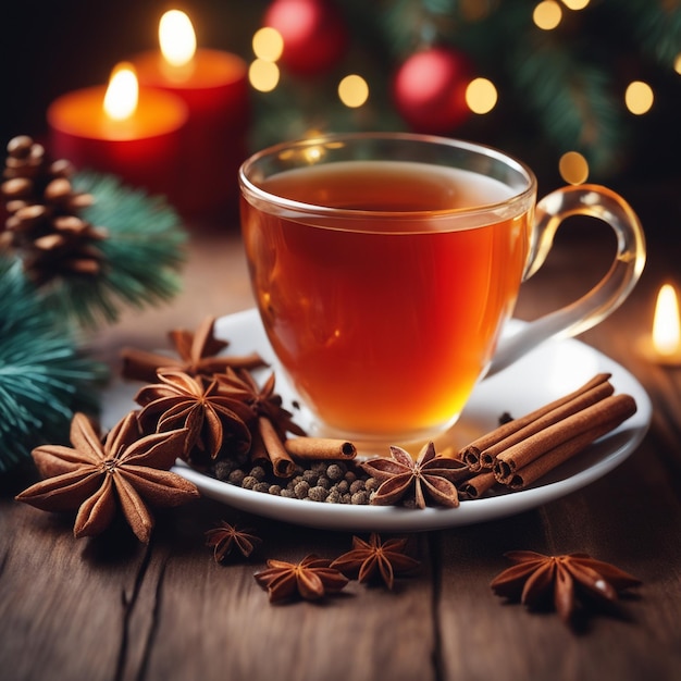 composition de noël avec une tasse d'épices de thé sur un fond de boisson de noël élément tricoté