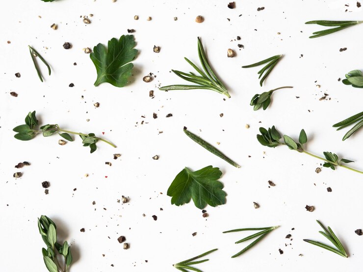 Composition de nourriture décorative créative de diverses épices et herbes fraîches sur fond blanc.