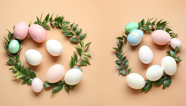 Photo composition avec des œufs de pâques et des branches vertes sur fond beige