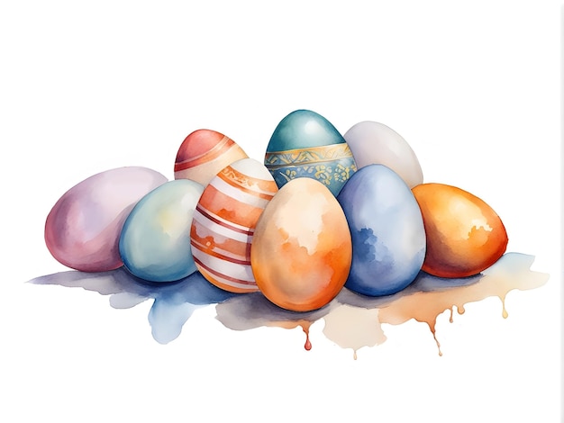 Composition d'œufs de Pâques décorés d'aquarelle colorés isolés sur fond blanc avec espace de copie