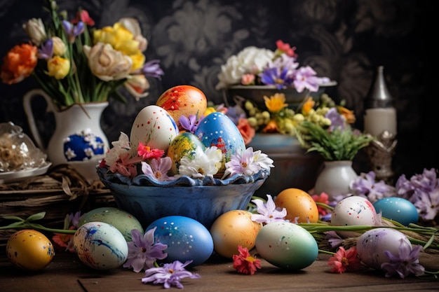 Composition de Pâques avec un bouquet de fleurs et des œufs sur un fond flou