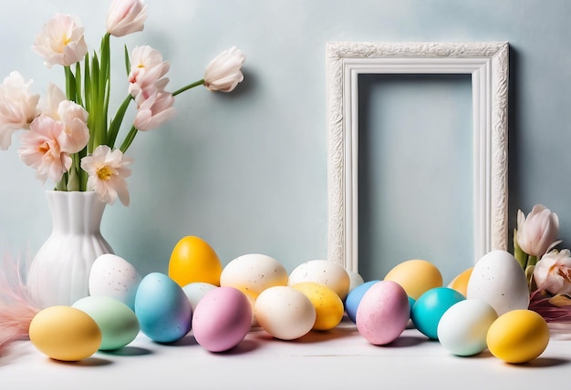 Photo composition de pâques faite avec des œufs colorés et un cadre blanc