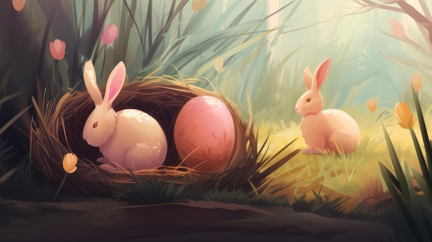 Composition de Pâques avec des lapins ai générative