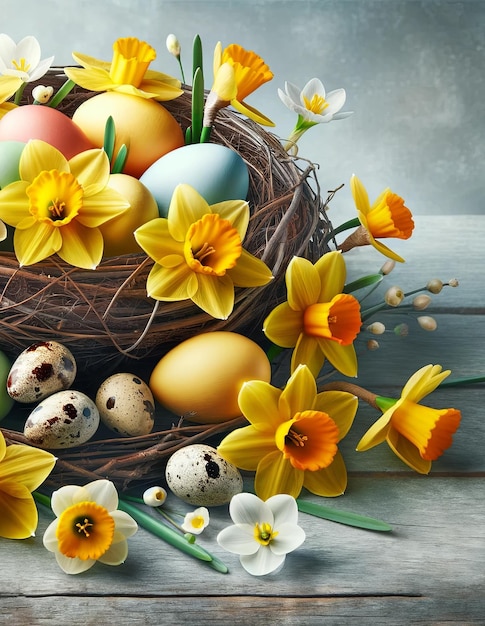 Une composition de Pâques vibrante avec des œufs de Pâque colorés et des fleurs de narcisse