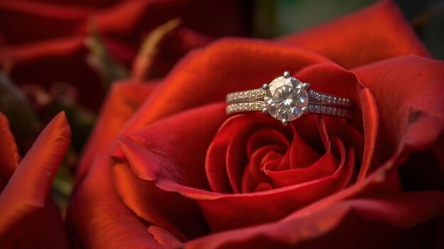 Une composition photo conceptuelle d'une bague de mariage placée sur une rose en fleur AI générative