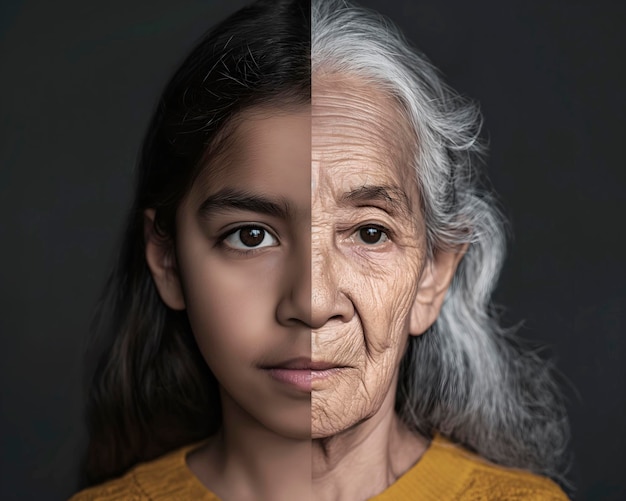 composition photoréaliste avec deux visages une moitié appartient à une jeune femme l'autre à une vieille le concept du thème du temps changement générationnel évolution psychologie et perception cosmétique