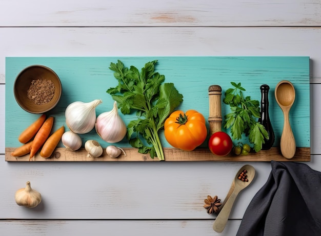 Composition avec des planches de bois et des ingrédients pour cuisiner sur table Créée avec la technologie d'IA générative